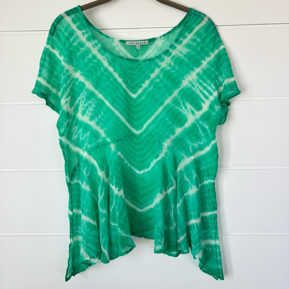 Red Haute Silk Tie Dye Green Sheer Flowy Short Seeve Blouse Size Medium